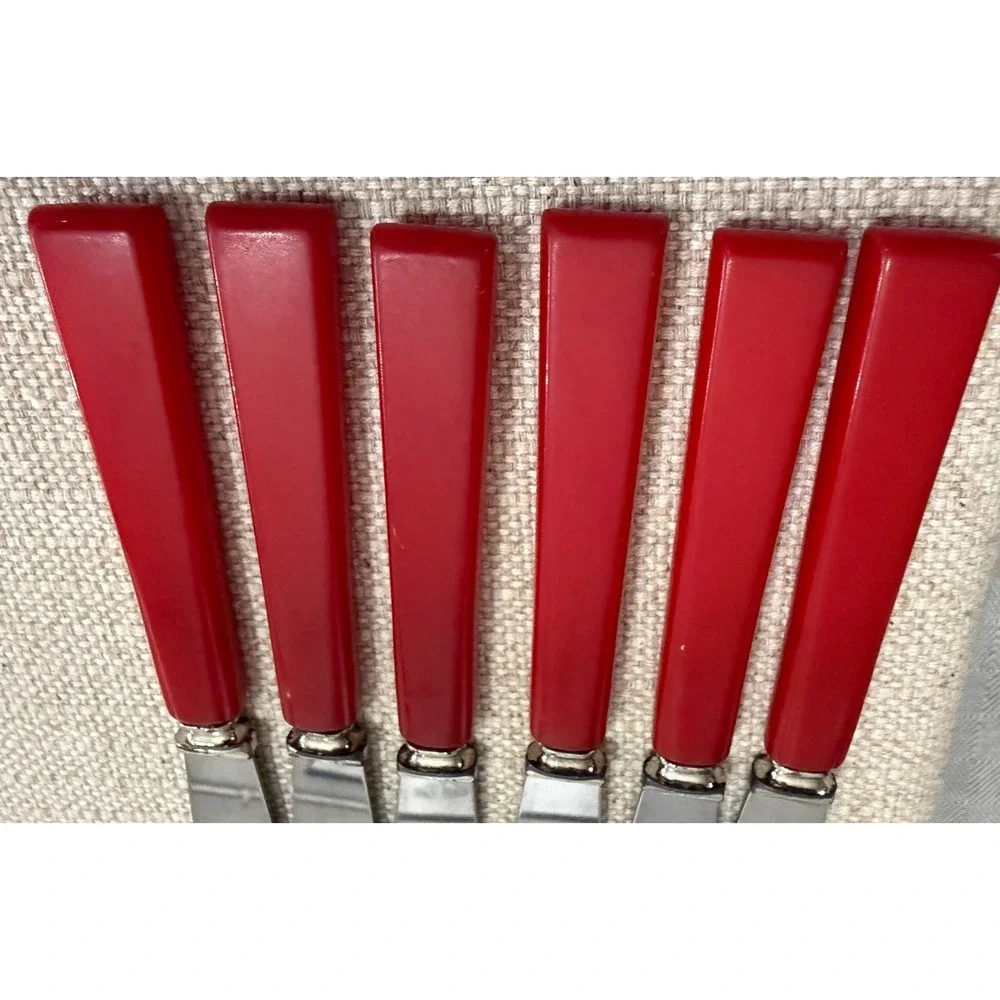 Vtg Bakelite Red Handle Stainless Steel Knives Set of 6 Mid Century Modern Knife